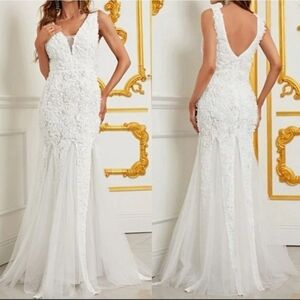 White Floral Applique Mesh Mermaid Maxi Formal Gown